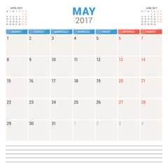 Calendar Planner for 2017 Year. Vector Design Template. May. Week Starts Monday. Stationery Design
