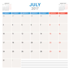 Calendar Planner for 2017 Year. Vector Design Template. July. Week Starts Monday. Stationery Design
