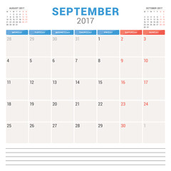 Calendar Planner for 2017 Year. Vector Design Template. September. Week Starts Monday. Stationery Design