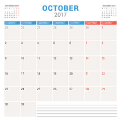 Calendar Planner for 2017 Year. Vector Design Template. October. Week Starts Monday. Stationery Design