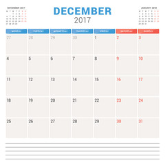 Calendar Planner for 2017 Year. Vector Design Template. December. Week Starts Monday. Stationery Design