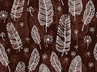 print, seamless pattern with white feathers on a brown background. Boho style. Vector illustration