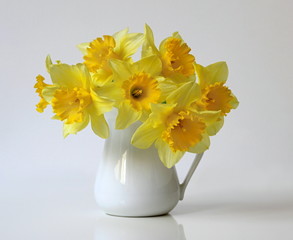 Bouquet of yellow daffodils flowers in a vase. Bouquet of spring yellow narcissus flowers in a vase. Floral home decoration.