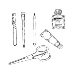 Set of art utensils and materials. Hand drawn vector illustration.