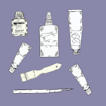 Set of art utensils and materials on pastel blue background. Hand drawn vector illustration.