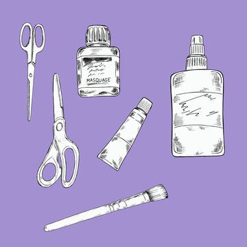 Set of art utensils and materials on pastel lilac background. Hand drawn vector illustration.