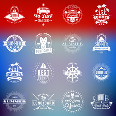 Set of Summer Holidays Design Elements. Hipster Vintage Logotypes and Badges on Blurred Background. Beach Vacation, Party, Journey