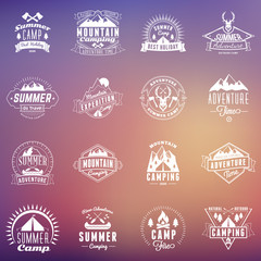 Set of Summer Holidays Design Elements. Hipster Vintage Logotypes and Badges on Blurred Background. Beach Vacation, Party, Journey