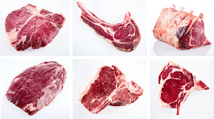Collage of various cuts of raw beef steak