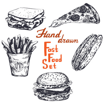 Vector set of Retro Fast Food realistic sketches. Hand drawn illustrations. Burgers, hot dogs, sandwiches, dinners, pizzas, French fries.