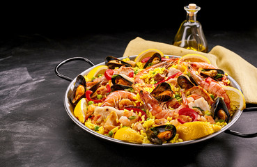 Colorful Spanish Seafood Paella Dish with Oil