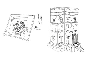 Hand drawn sketch of Rock-Hewn Churches, Lalibela, Ethiopia isolated