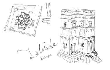 Hand drawn sketch of Rock-Hewn Churches, Lalibela, Ethiopia isolated
