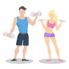 Fitness young sporty couple with dumbbells. Fit couple. Workout partners. Flat vector illustration.