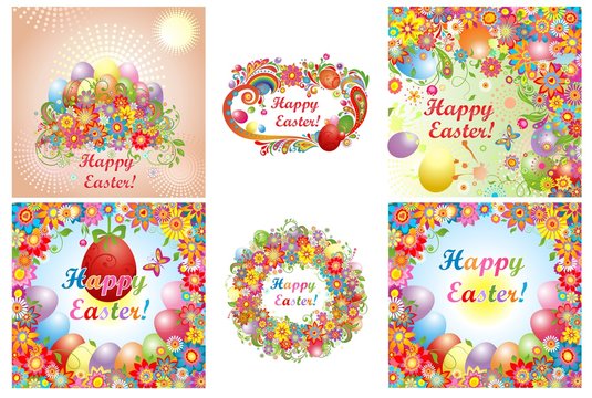 Set of Easter cards with colorful flowers and painted eggs