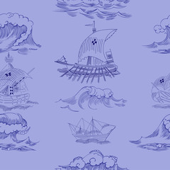 Seamless pattern with waves and ships