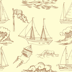 Seamless pattern with waves and ships