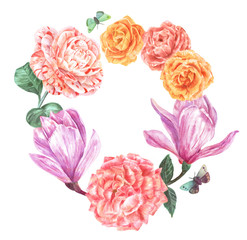 Watercolor wreath made up by toned flowers and butterflies