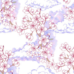 Obraz premium Seamless pattern with sakura and clouds