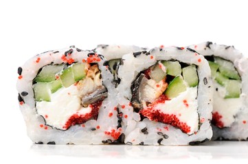 Set of square sushi rolls with vegs, cream cheese and red roe