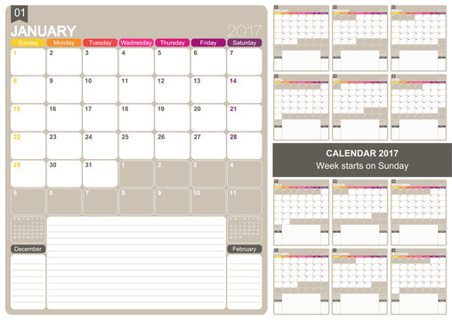 Calendar 2017 / English printable monthly calendar template, set of 12 months January - December, week starts on Sunday.