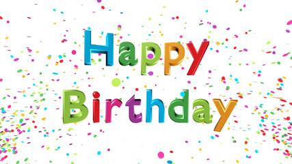 Farbenfrohe 3D-Schrift HAPPY BIRTHDAY mit Konfetti vor weißem Hintergrund