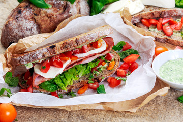 Fresh Sandwich with Bacon Lettuce Tomato and Mozzarella