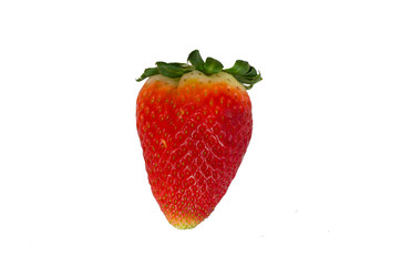 One strawberry isolated on white background with green leafs