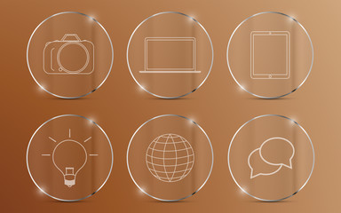 Icons on glass circle with metallic edge on gold gradient background