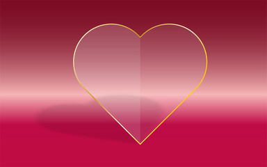 Transparent heart with glass fill and gold frame on pink gradient background with dropped shadow