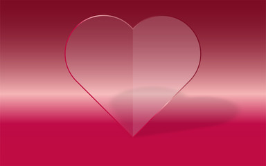 Transparent heart with glass fill and red frame on pink gradient background with dropped shadow