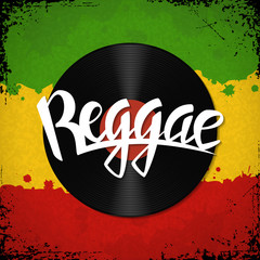 Reggae lettering. Vector vinyl disc and reggae hand drawn lettering label on rastafarian background