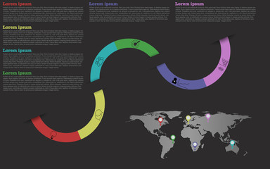 Modern timeline inforgraphic with steps, icons, world map, pointers and place fot text in flat style colors. 