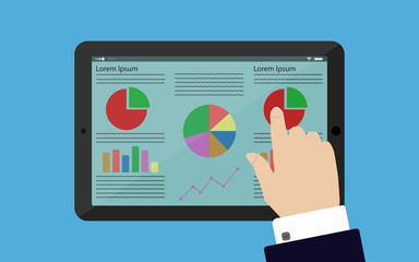 Hand in suit and shirt touching business infographic on tablet or smart device with touch screen, flat design business concept. 