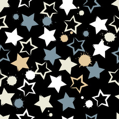 Cute vector geometric seamless pattern. Brush strokesand stars and blots. Hand drawn grunge texture. Abstract forms. Endless texture can be used for printing onto fabric or paper