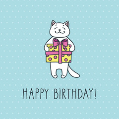 Cute white cat with a gift on the polka dot background. Doodle vector illustration for birthday poster or card.