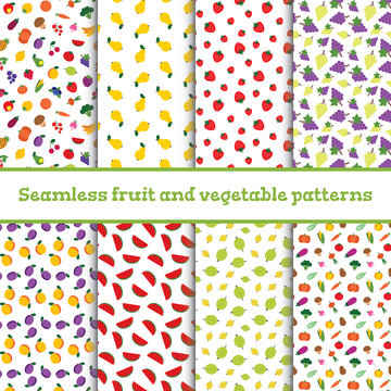 8 seamless cute patterns with fruits and vegetables. Vector illustration.