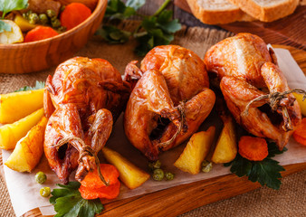 Grilled quail with vegetables on a serving board.