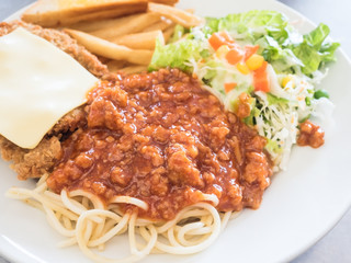 Pork steak with bread and Spaghetti