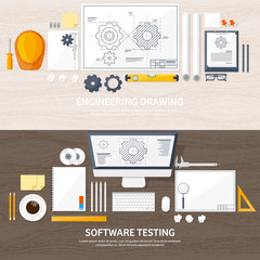Naklejka premium Vector illustration. Engineering and architecture. Notebook, computer . Drawing, construction. Architectural project. Design, sketching. Workspace with tools. Planning, building. Wood background.