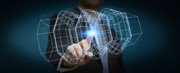 Businessman holding digital 3D engine