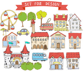 Set for design funny town. vector illustration