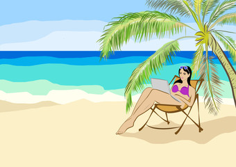 Lovely young woman working on laptop computer on the beach near the palm during beach vacation. 