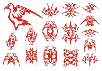 Fototapeta premium Tribal albatross set. Decorative patterns in the form of an albatross. Red on the white