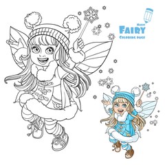 Cute little winter fairy girl with a Magic wand color and outlin