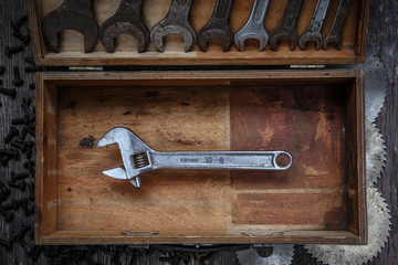 Wrench in tool box with another wrenches