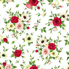 Vector seamless pattern with red, pink and white roses, lisianthuses and anemone flowers and green leaves on a white background.