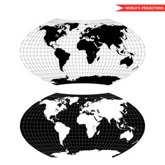 Aitoff world map projection. Black and white world map vector illustration.
