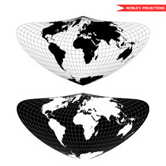 Bonne world map projection. Black and white world map vector illustration.