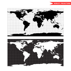 Equirectangular world map projection. Black and white world map vector illustration.